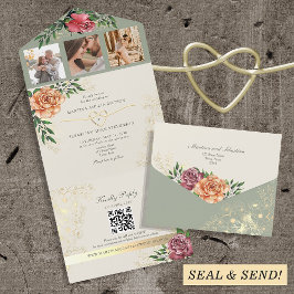 Invitación Todo En Uno Boda Rústica Boho Floral Melocotón y Verde Salvia