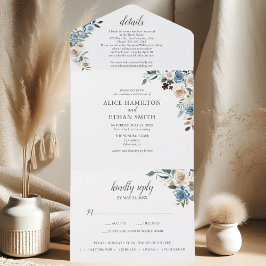 Invitación Todo En Uno Boda Rústica Boho Flores Azules Polvorientas Escri