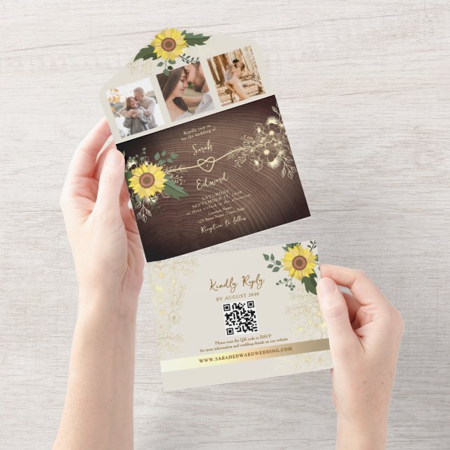 Invitación Todo En Uno Boda Rústica Boho Girasoles Madera (desgarro)