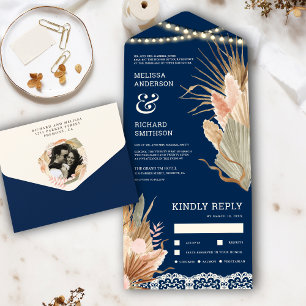 Invitación Todo En Uno Boda Rústica Boho Palma Seca Pampas Azul Marino