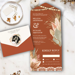 Invitación Todo En Uno Boda Rústica Boho Palma Seca Pampas Terracota