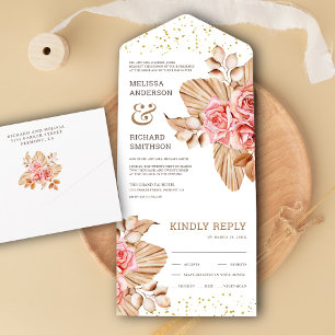Invitación Todo En Uno Boda Rústica Boho Palma Seca Terrosa Rosa Melocotó
