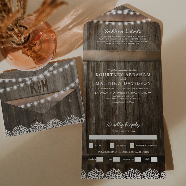 Invitación Todo En Uno Boda rústica con flores de bebé 3 en 1 (Subido por el creador)