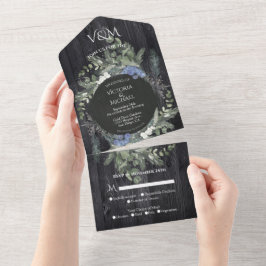 Invitación Todo En Uno Boda Rústica con Madera Oscura Floral y Pino