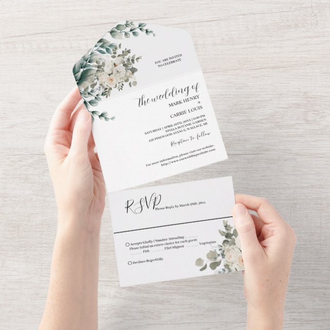 Invitación Todo En Uno Boda rústica con vegetación de eucalipto (desgarro)