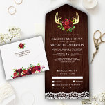 Invitación Todo En Uno Boda Rústica de Antlers Floral de Madera Borgoña<br><div class="desc">Sorprenda a sus invitados con esta elegante invitación de boda con hermosas flores y encaje blanco con una tarjeta postal RSVP desmontable. Simplemente agregue los detalles de su evento en esta plantilla fácil de usar para convertirla en una invitación única.</div>