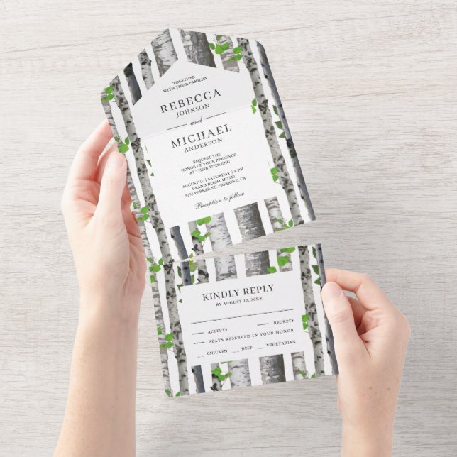 Invitación Todo En Uno Boda Rústica de Campo con Abedules (desgarro)