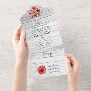 Invitación Todo En Uno Boda Rústica de Campo con Amapola Roja