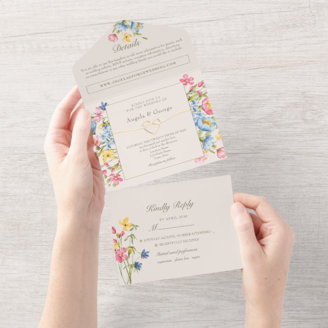 Invitación Todo En Uno Boda rústica de campo floral (desgarro)