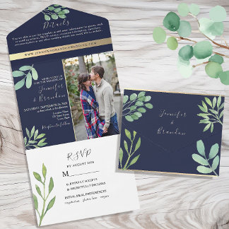 Invitación Todo En Uno Boda Rústica de Eucalipto Azul Marino