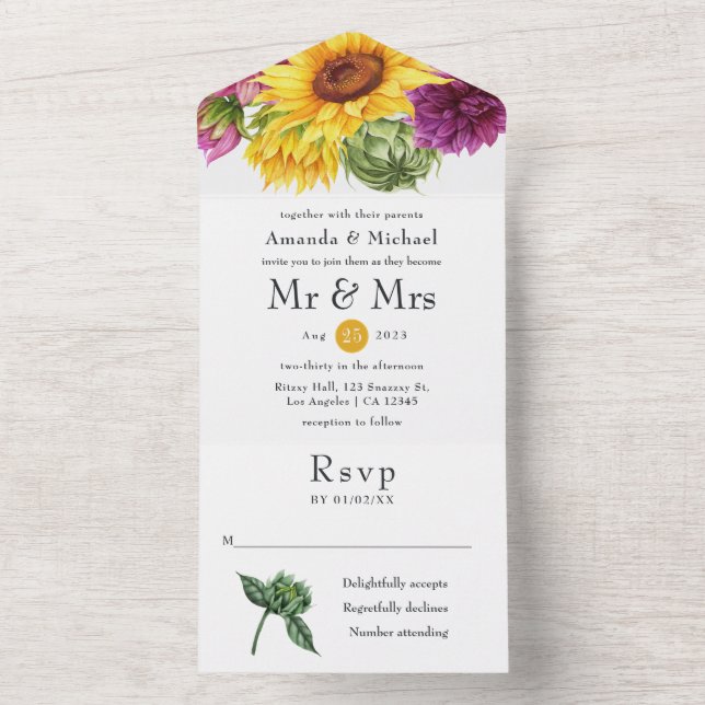 Invitación Todo En Uno Boda Rústica de Girasoles (Interior)