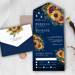 Invitación Todo En Uno Boda Rústica de Girasoles Bohemios en Azul Marino 