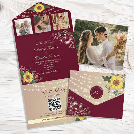 Invitación Todo En Uno Boda Rústica de Girasoles Borgoña