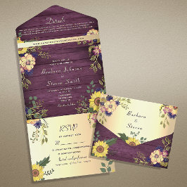 Invitación Todo En Uno Boda Rústica de Girasoles Country Púrpura