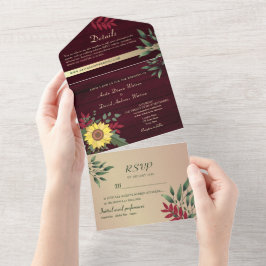 Invitación Todo En Uno Boda Rústica de Girasoles de Borgoña