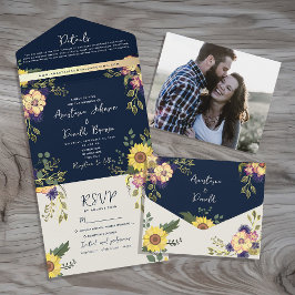 Invitación Todo En Uno Boda Rústica de Girasoles en Azul Marino