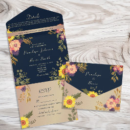 Invitación Todo En Uno Boda Rústica de Girasoles en Azul Marino