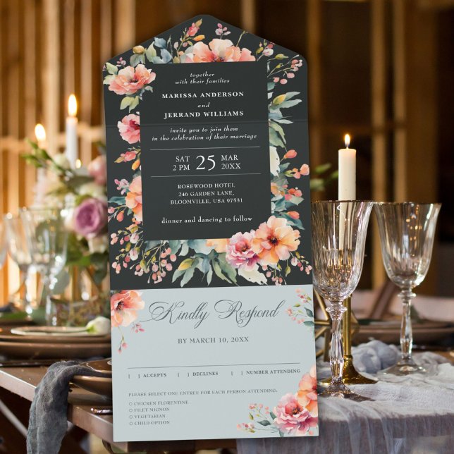 Invitación Todo En Uno Boda rústica de jardín floral verde sabio (Rustic Sage Green Floral Country Garden Wedding All In One Invitation)