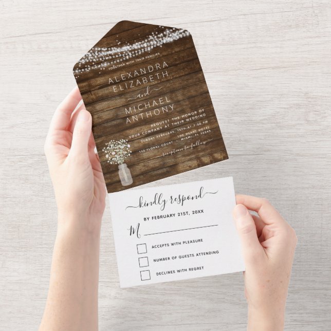 Invitación Todo En Uno Boda Rústica de la Respiración Infantil en una gra (desgarro)