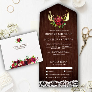 Invitación Todo En Uno Boda Rústica de Madera con Flores de Borgoña y Cue