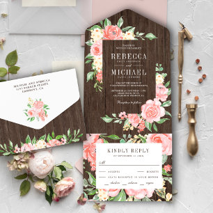 Invitación Todo En Uno Boda Rústica de Madera con Rosas Florales de Color