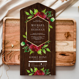 Invitación Todo En Uno Boda Rústica de Madera de Granero con Floral de Bo