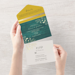 Invitación Todo En Uno Boda Rústica de Madera Esmeralda Verde y Amarillo