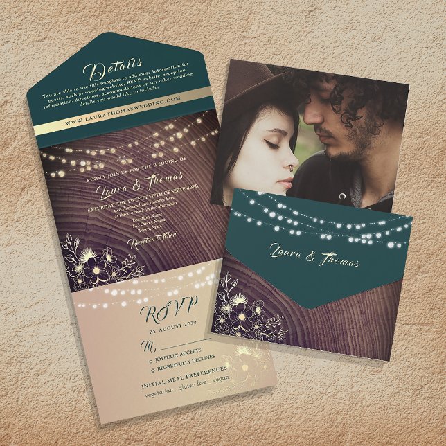 Invitación Todo En Uno Boda Rústica de Madera Verde Esmeralda (Subido por el creador)