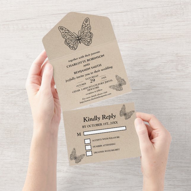 Invitación Todo En Uno Boda Rústica de Mariposa (desgarro)