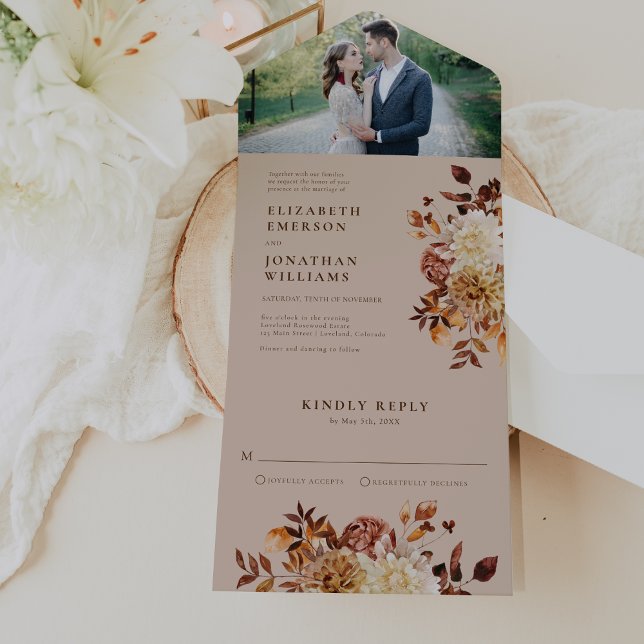 Invitación Todo En Uno Boda Rústica Elegante (Elegant Rustic Fall Floral Photo Wedding All In One Invitation by Painted Paperie
)