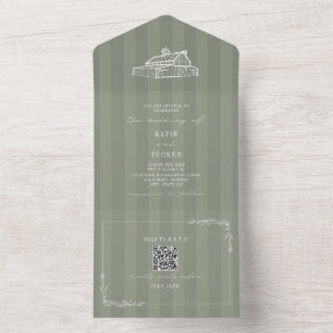 Invitación Todo En Uno Boda rústica en granero con franja verde salvia QR