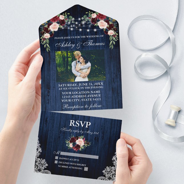 Invitación Todo En Uno Boda Rústica Floral Azul Madera Luces Encaje Foto (All In One Wedding Invitation with tear off RSVP Card)