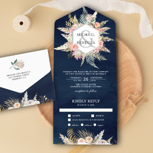 Invitación Todo En Uno Boda Rústica Floral Boho Pampas Azul Marino