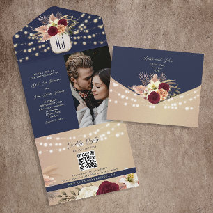 Invitación Todo En Uno Boda Rústica Floral Burgundy Azul Marino