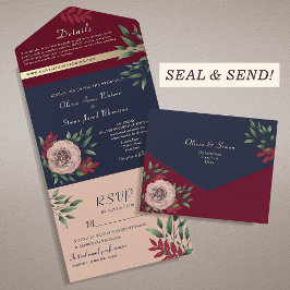 Invitación Todo En Uno Boda Rústica Floral Burgundy y Azul Marino