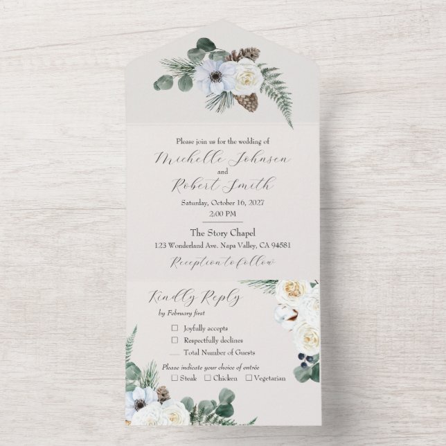 Invitación Todo En Uno Boda Rustica Floral de Invierno (Interior)