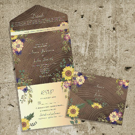 Invitación Todo En Uno Boda Rústica Floral de Madera de Granero