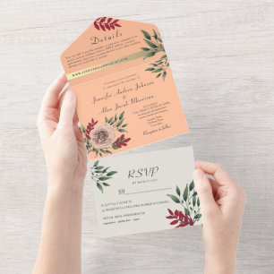 Invitación Todo En Uno Boda Rústica Floral Melocotón Fuzz