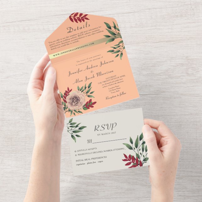 Invitación Todo En Uno Boda Rústica Floral Melocotón Fuzz (desgarro)