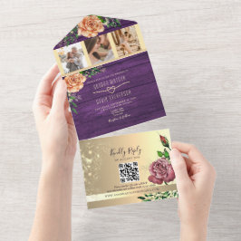 Invitación Todo En Uno Boda Rústica Floral Púrpura