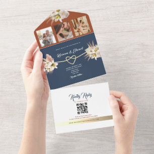 Invitación Todo En Uno Boda Rústica Floral Terracota Azul Marino