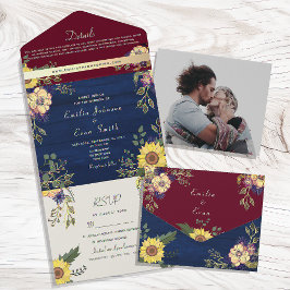 Invitación Todo En Uno Boda Rústica Girasoles Azules Borgoña