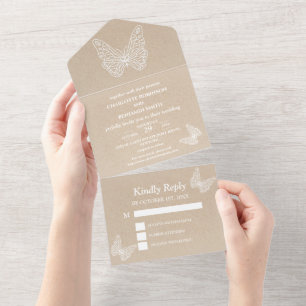 Invitación Todo En Uno Boda Rústica Kraft y Mariposa