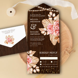 Invitación Todo En Uno Boda Rustica Madera Palma Seca Terrosa Melocotón R