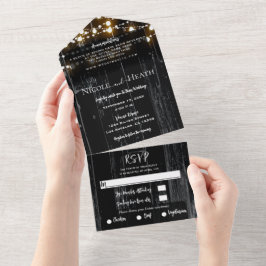 Invitación Todo En Uno Boda Rústica Negra Madera de Granero Oscuro y Luce