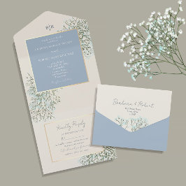 Invitación Todo En Uno Boda Rústica Polvo Azul