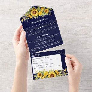 Invitación Todo En Uno Boda Rústico Azul Y Girasol De La Marina