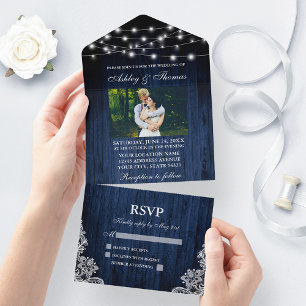 Invitación Todo En Uno Boda Rústico Blue Wood String Lights Lace Photo