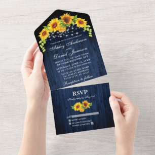 Invitación Todo En Uno Boda Rústico Blue Wood Sunflowers String Lights