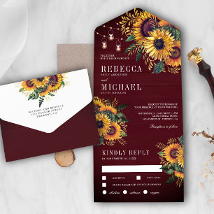 Invitación Todo En Uno Boda Rústico Burgundy Wood Boho Sunflowers